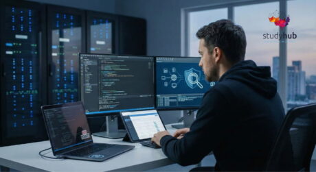 Ethical hacker analyzing web application code and network security diagrams on multiple monitors in a server room, representing the Bug Bounty - Web Application Penetration Testing Bootcamp