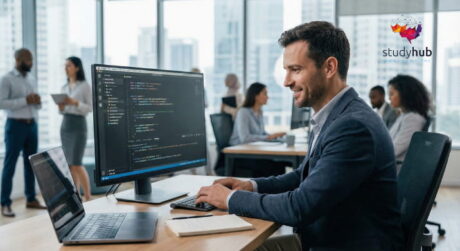 Software developer writing JavaScript code on dual monitors in a modern workspace, representing the professional skills gained in the JavaScript course