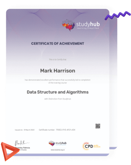 StudyHub Certificate of Achievement awarded to Mark Harrison for completing the Data Structure and Algorithms training course with distinction