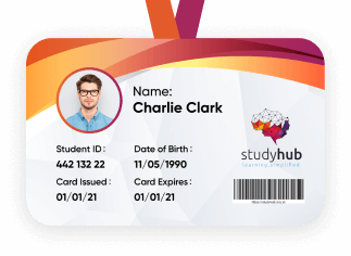 Sample StudyHub student ID card featuring student photo, identification number, and barcode verification
