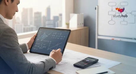 Professional using mathematical reasoning and data analysis tools in a modern office, illustrating the Essential Algebra Course
