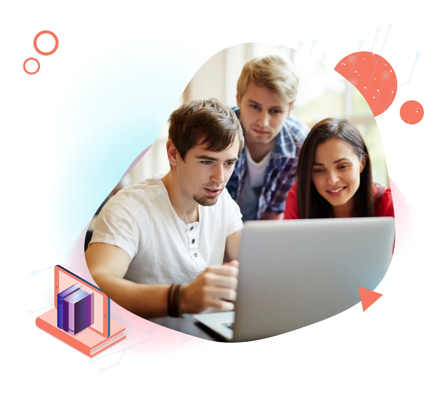 Three students collaborating on a laptop with e-learning and digital education graphic elements