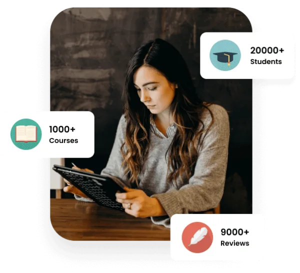 Female student using a tablet with e-learning platform statistics displaying 20,000+ students, 1,000+ courses, and 9,000+ reviews