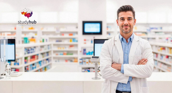 Smiling pharmacy technician in a white coat standing in a modern pharmacy setting, representing the Level 3 Pharmacy Technician Course - CPD Accredited