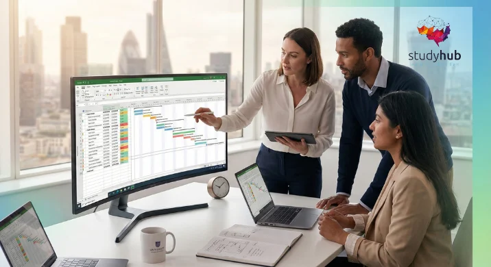Project manager analyzing a digital Gantt chart and project timeline on a monitor in a modern UK office, representing Planning & Control Using Microsoft Project 2013, 2016 & 2019