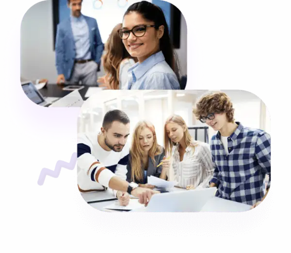 Collage showing a corporate team meeting presentation and a group of employees collaborating on a laptop during a training session